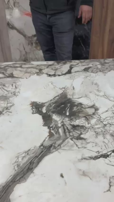 Load video: Oval Side Opening Smart Table | White Marble &amp; White