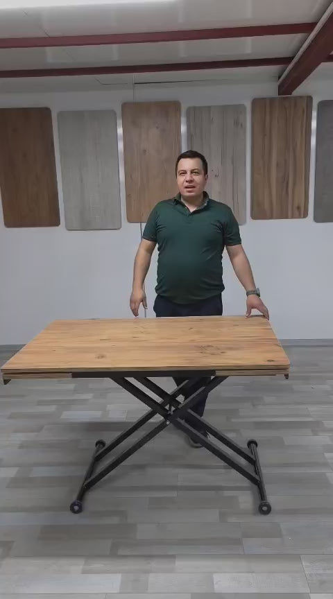 Load video: Side-Opening Smart Table | Efes Pine MDF &amp; Black Legs