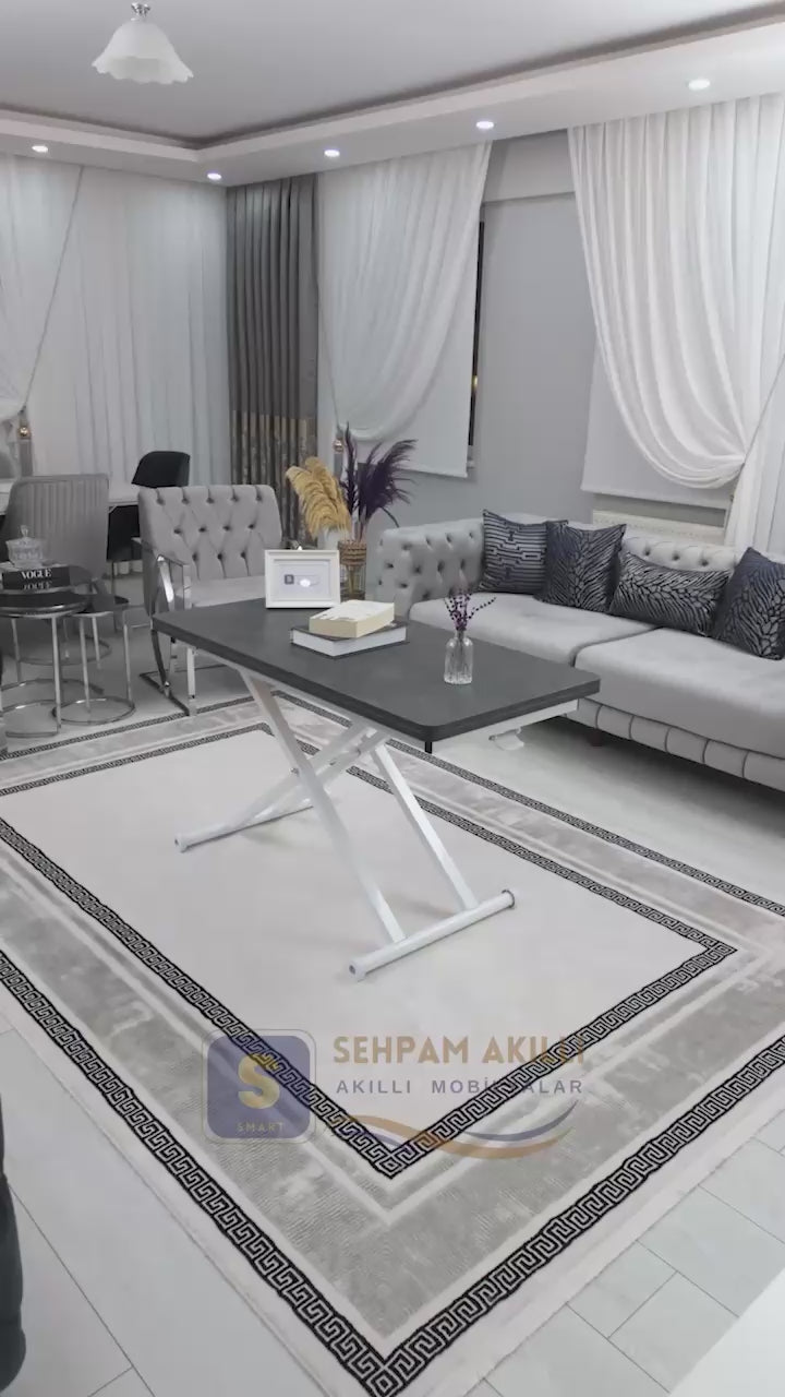 Load video: Home Smart Coffee Table – Grooved Anthracite MDF Top &amp; White Metal Legs