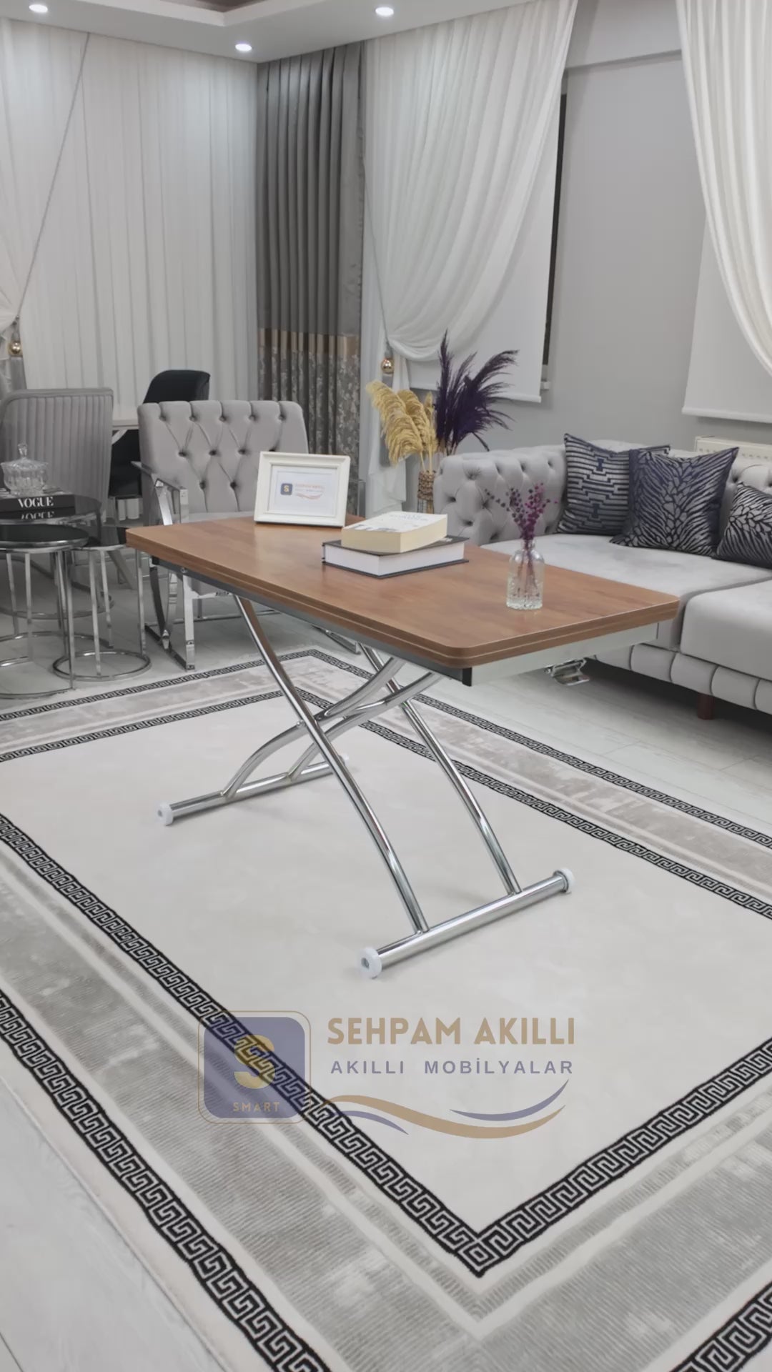 Load video: Juppo Smart Coffee Table – Walnut MDF Top &amp; Chrome Outward Curved Metal Legs