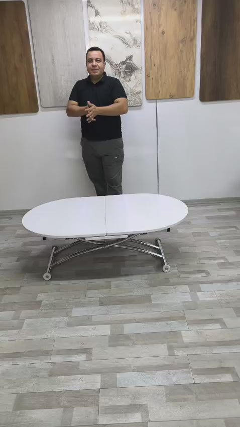 Video yükle: Ortadan Açılır Oval Akıllı Masa | Beyaz MDF &amp; Krom
