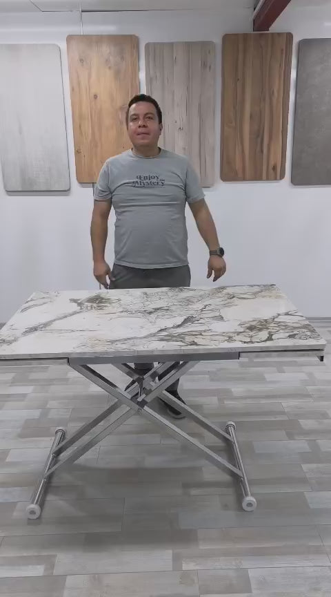 Load video: Smart Side-Opening Desk | White Marble MDF &amp; Chrome Legs