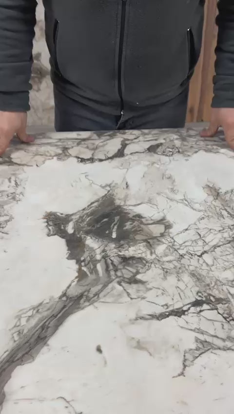 Load video: Oval Side-Opening Smart Table | White Marble &amp; Chrome