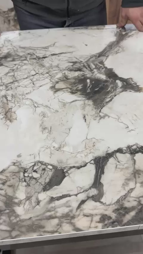 Load video: Oval Side Opening Smart Table | White Marble &amp; Black