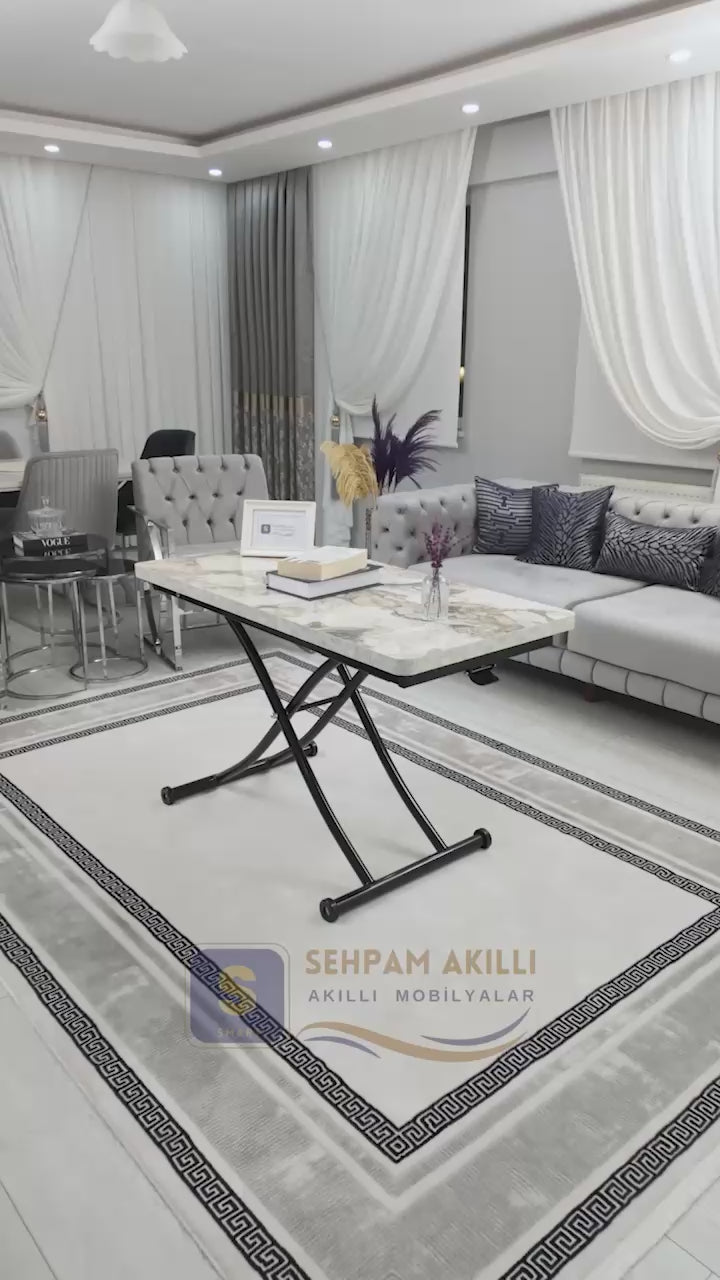 Load video: Juppo Smart Coffee Table – White Marble MDF Top &amp; Black Metal Legs