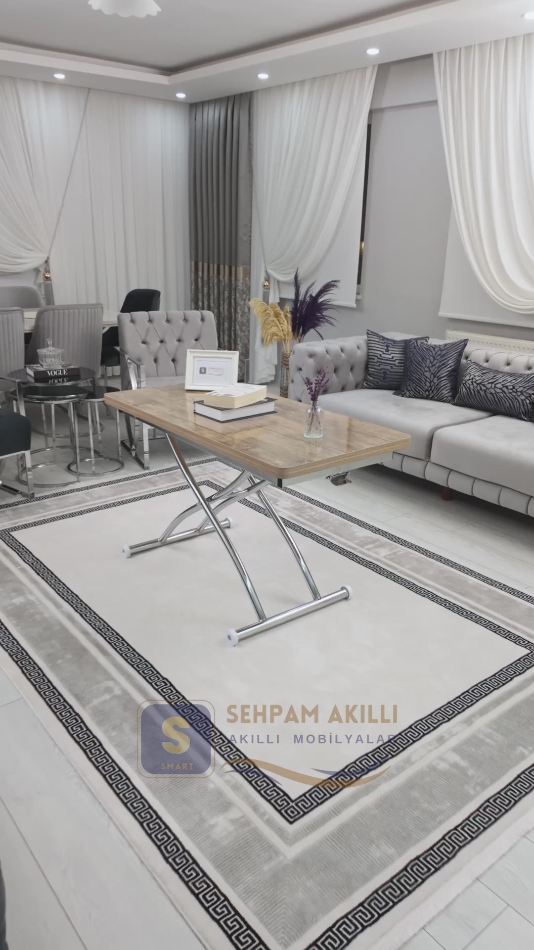 Load video: Juppo Smart Coffee Table – Antique Light MDF Top &amp; Chrome Outward Curved Metal Legs