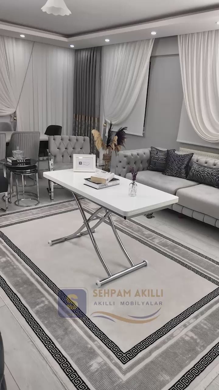 Load video: Juppo Smart Coffee Table – White MDF Top &amp; Chrome Metal Leg