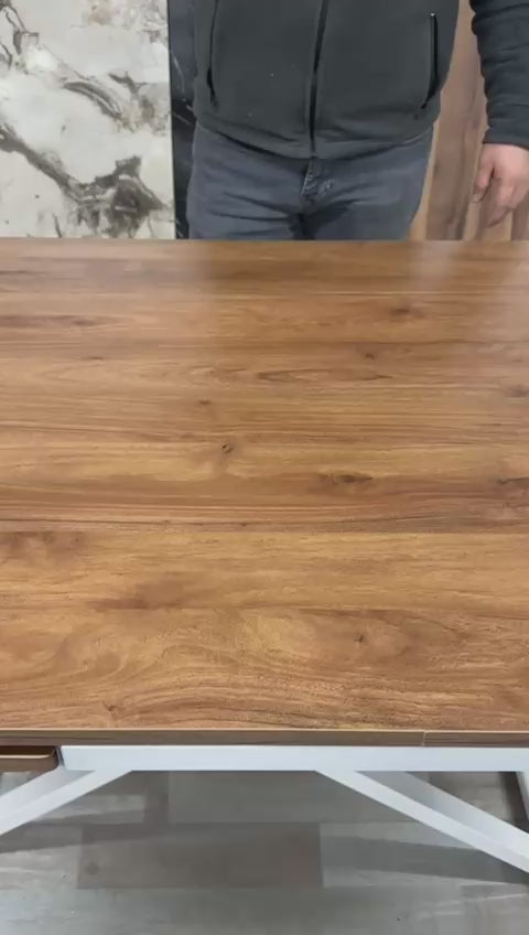 Load video: Oval Side-Opening Smart Table | Walnut MDF &amp; White