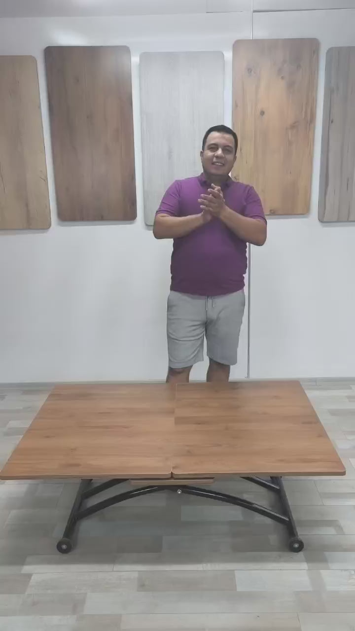 Load video: Center-Opening Square Smart Table | Walnut MDF &amp; Black