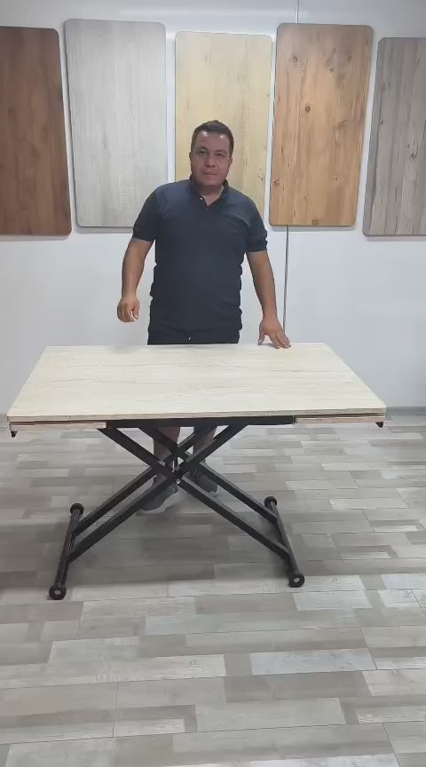 Load video: Side Opening Smart Table | Travertine MDF &amp; Black Legs