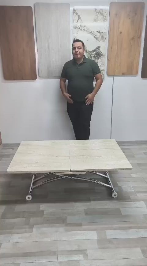 Load video: Expanding Square Smart Table | Travertine MDF &amp; Chrome