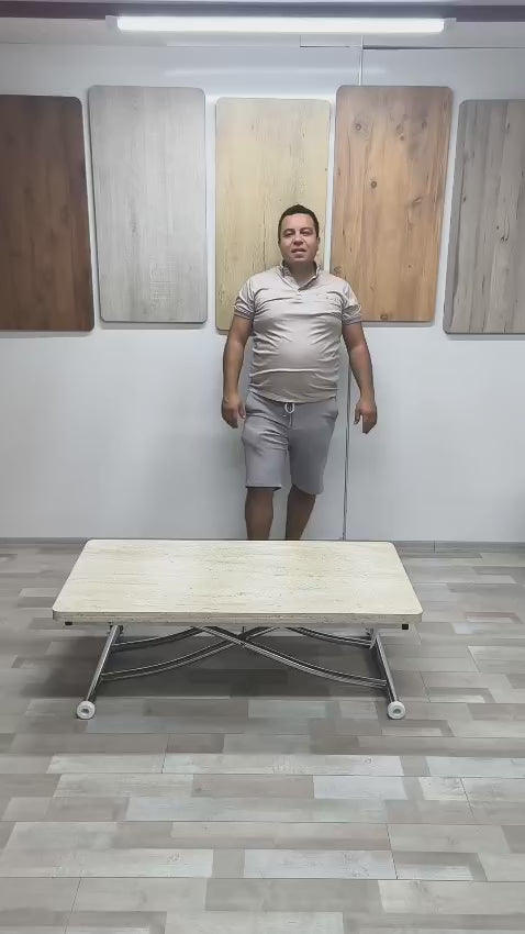 Load video: Juppo Smart Coffee Table – Travertine MDF Top &amp; Chrome Metal Legs