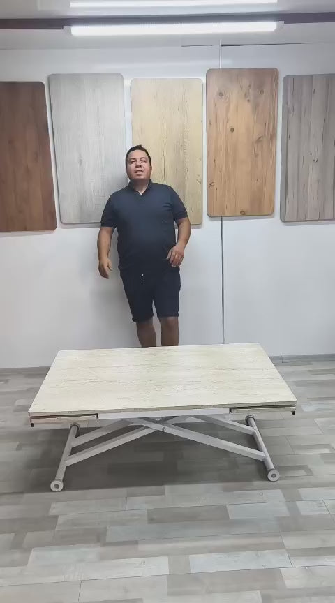 Load video: Side Open Smart Table | Travertine MDF Top &amp; White Legs