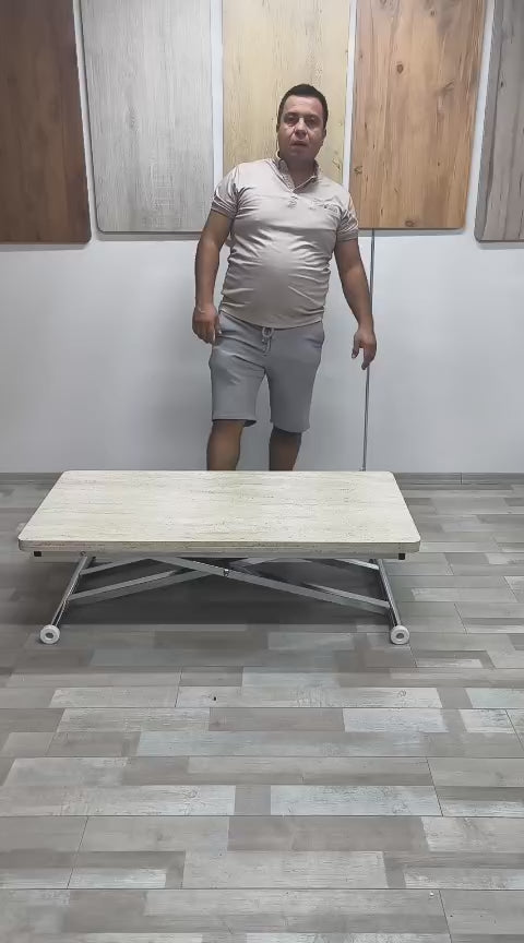 Load video: Home Smart Coffee Table – Travertine MDF Top &amp; Chrome Plated Metal Legs