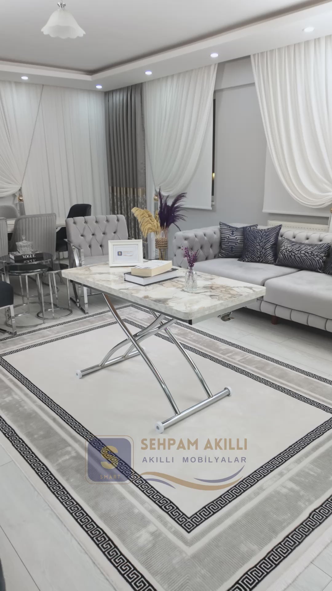 Load video: Juppo Smart Coffee Table – White Marble MDF Top &amp; Chrome Outward Curved Metal Leg