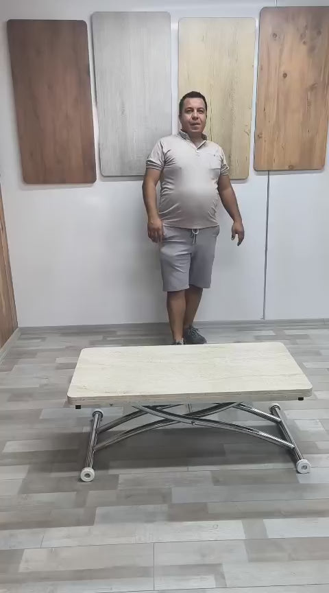 Load video: Mini Juppo Smart Coffee Table – Travertine MDF Top &amp; Chrome Outward-Curved Metal Leg