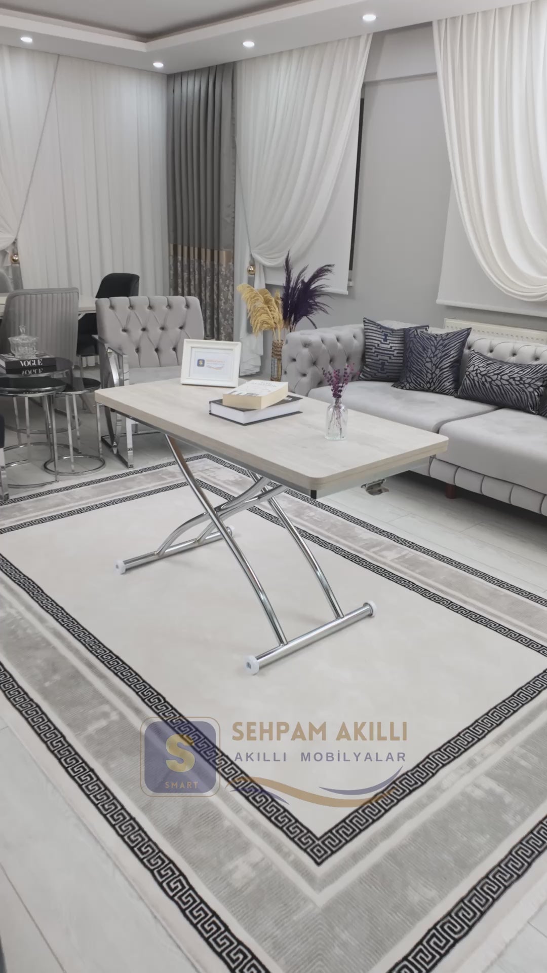 Load video: Juppo Smart Coffee Table – Lisbon MDF Top &amp; Chrome Flared Metal Leg