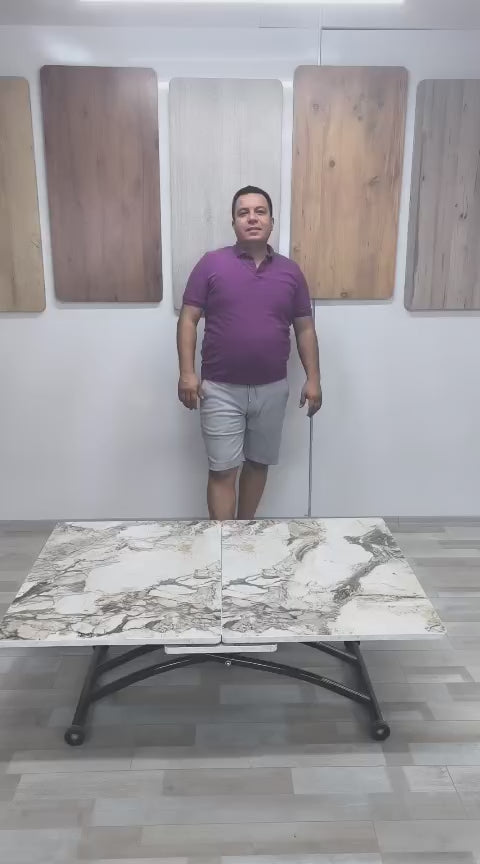 Load video: Center Opening Square Smart Table | White Marble MDF &amp; Black
