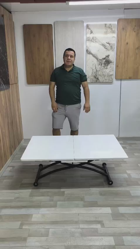 Load video: Center Opening Square Smart Table | White Marble MDF &amp; Black