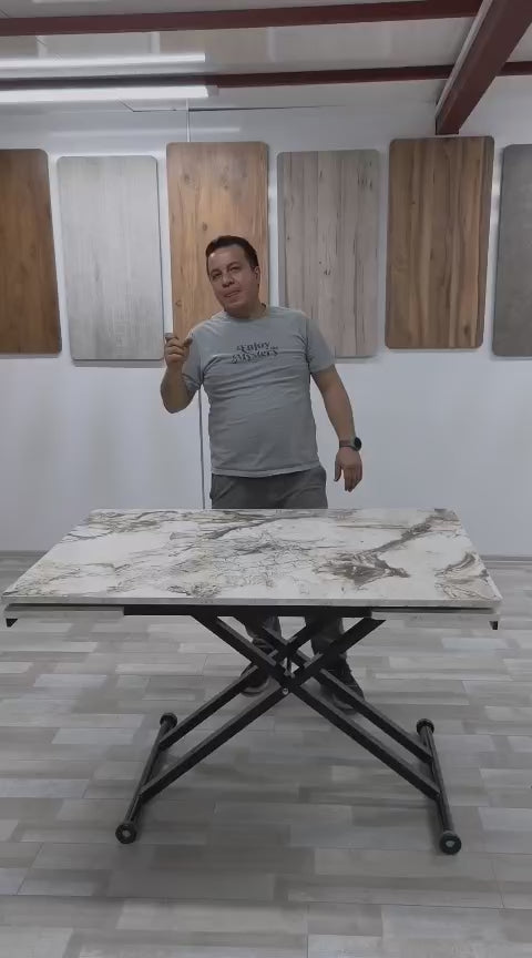 Load video: Smart Extendable Dining Table | White Marble MDF &amp; Black Legs