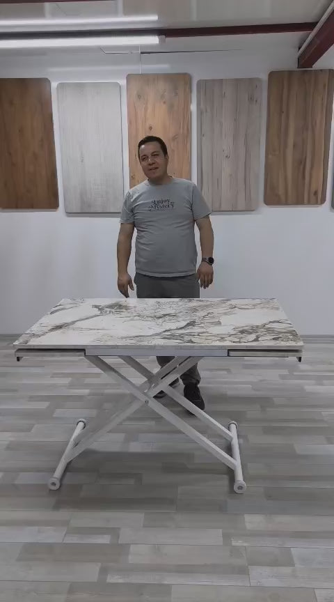 Load video: Smart Side-Opening Desk | White Marble MDF &amp; White Legs