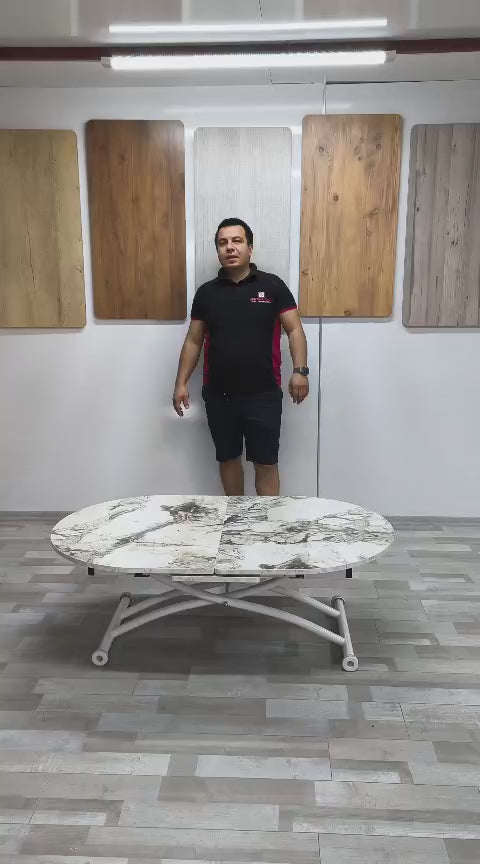 Video yükle: Ortadan Açılır Oval Akıllı Masa | Beyaz Mermer MDF &amp; Beyaz
