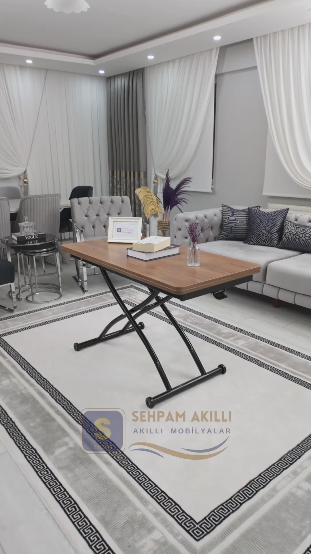 Load video: Juppo Smart Coffee Table – Walnut MDF Top &amp; Black Outward-Curved Metal Legs