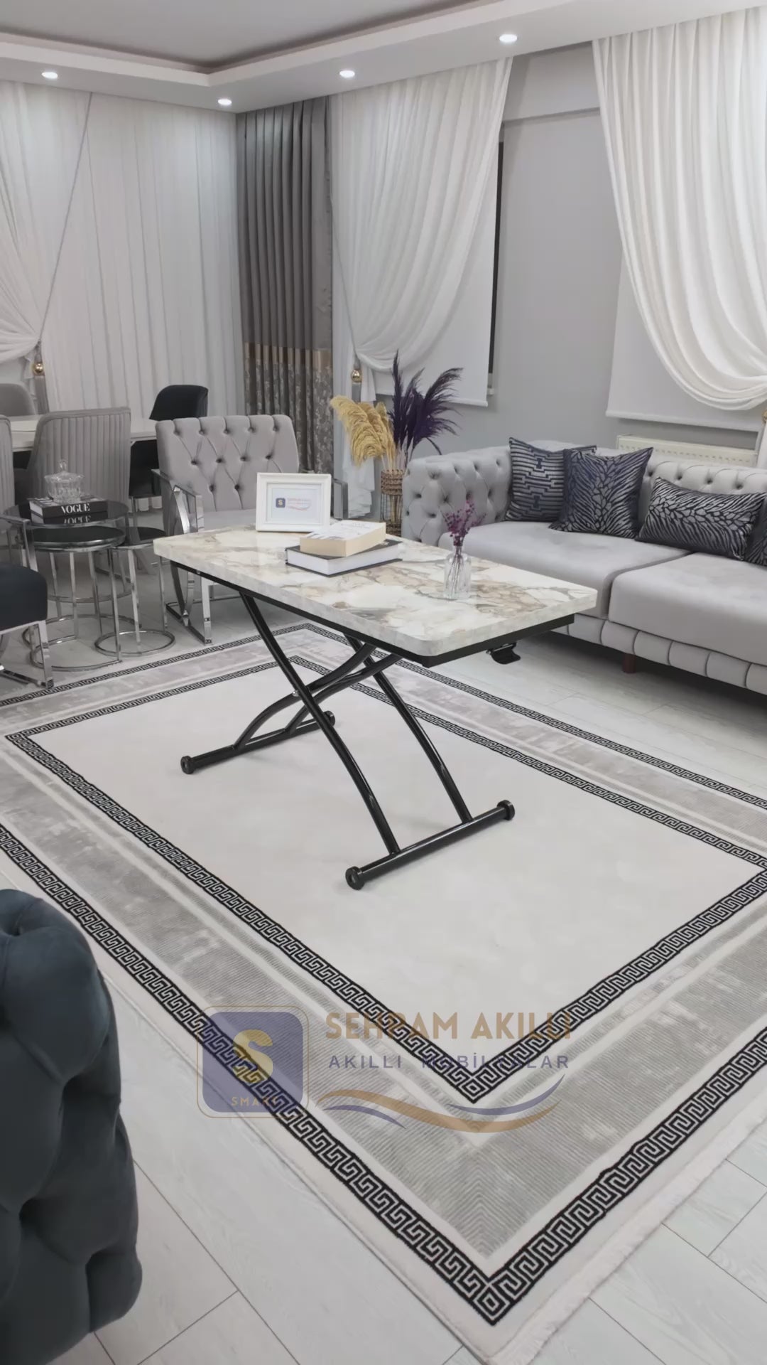 Load video: Juppo Smart Coffee Table – White Marble MDF Top &amp; Black Outward Curved Metal Leg