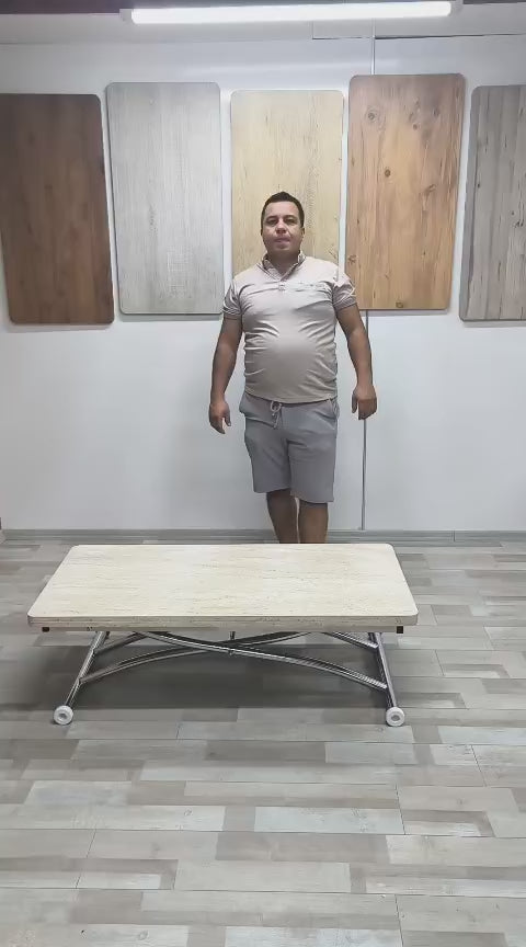 Load video: Juppo Smart Coffee Table – Travertine MDF Top &amp; Chrome Outward Curved Metal Leg
