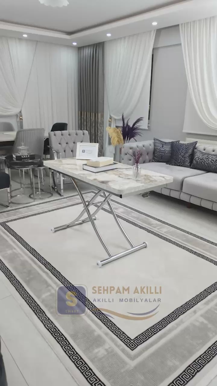 Load video: Juppo Smart Coffee Table – White Marble MDF Top &amp; Chrome Metal Leg