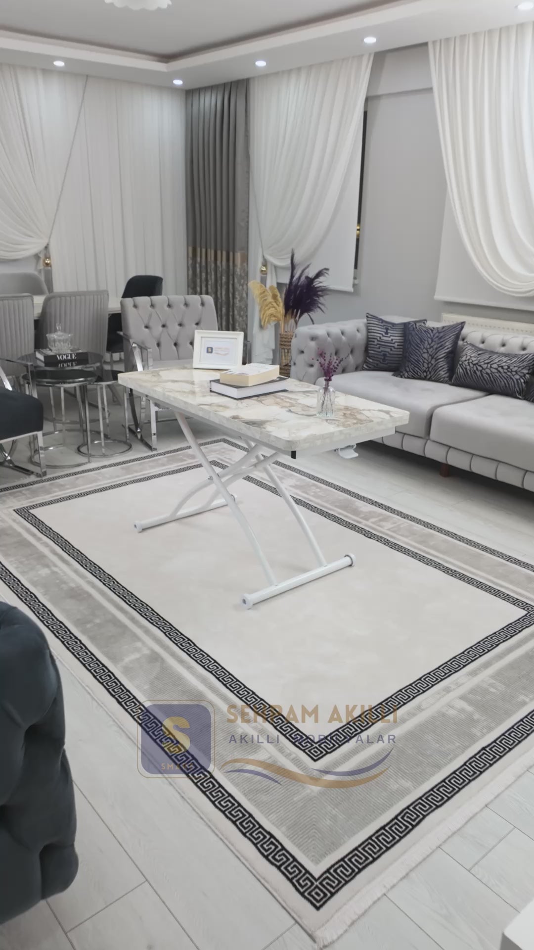 Load video: Juppo Smart Coffee Table – White Marble MDF Top &amp; White Outward-Curving Metal Legs