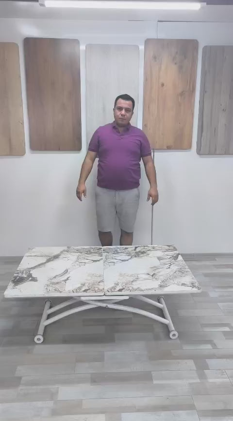 Load video: Square Smart Table with Central Opening | White Marble MDF &amp; White