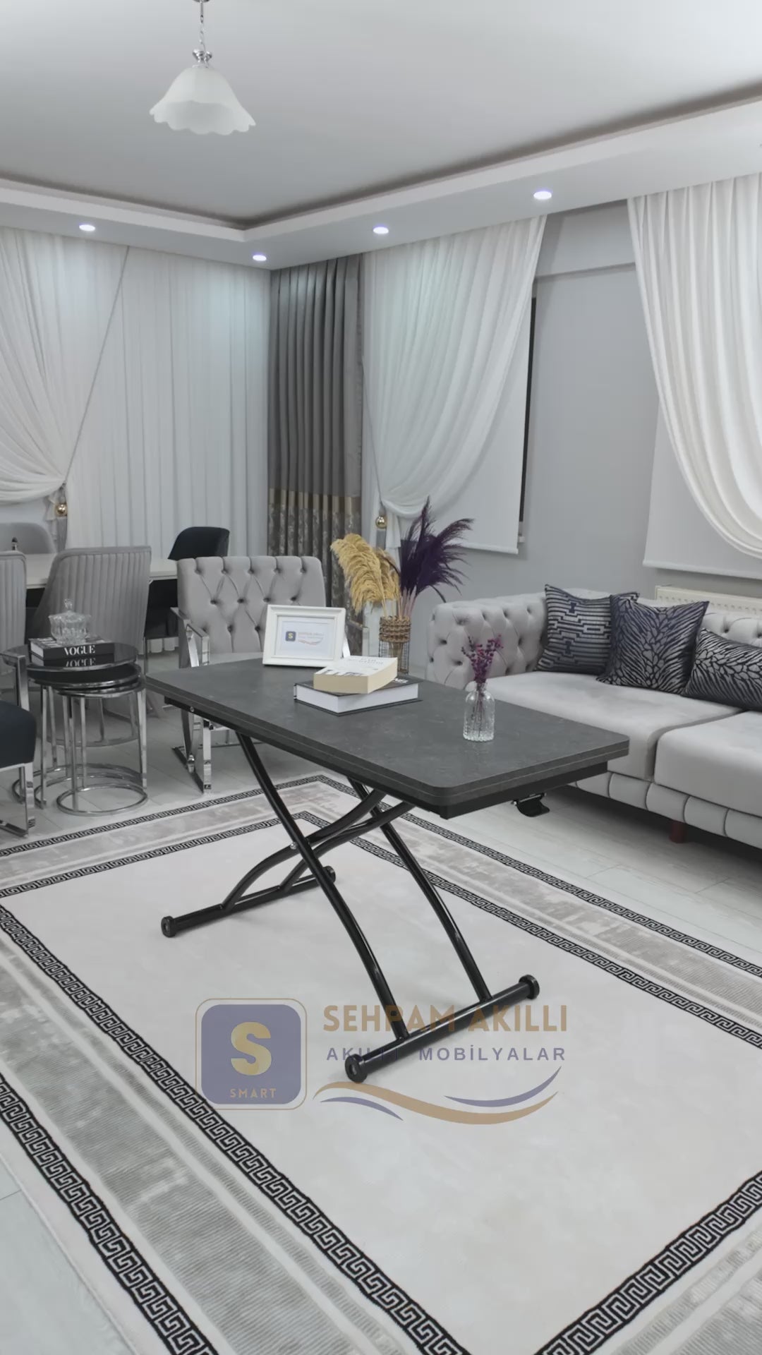 Load video: Juppo Smart Coffee Table – Grooved Anthracite MDF Top &amp; Black Outward-Curving Metal Legs