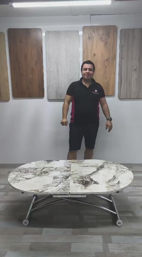 Video yükle: Ortadan Açılır Oval Akıllı Masa | Beyaz Mermer MDF &amp; Krom