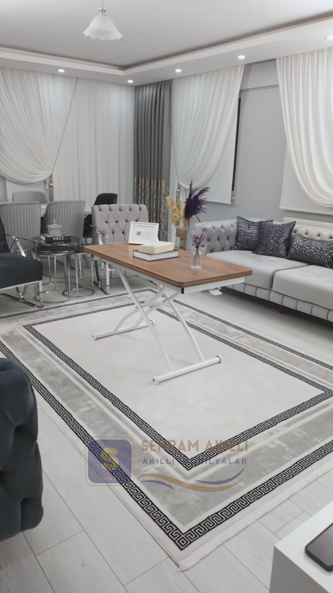 Load video: Juppo Smart Coffee Table – Walnut MDF Top &amp; White Outward-Curving Metal Leg