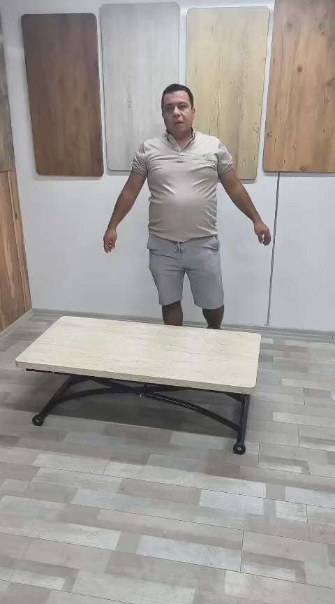 Load video: Juppo Smart Coffee Table – Travertine MDF Top &amp; Black Outward-Curved Metal Legs