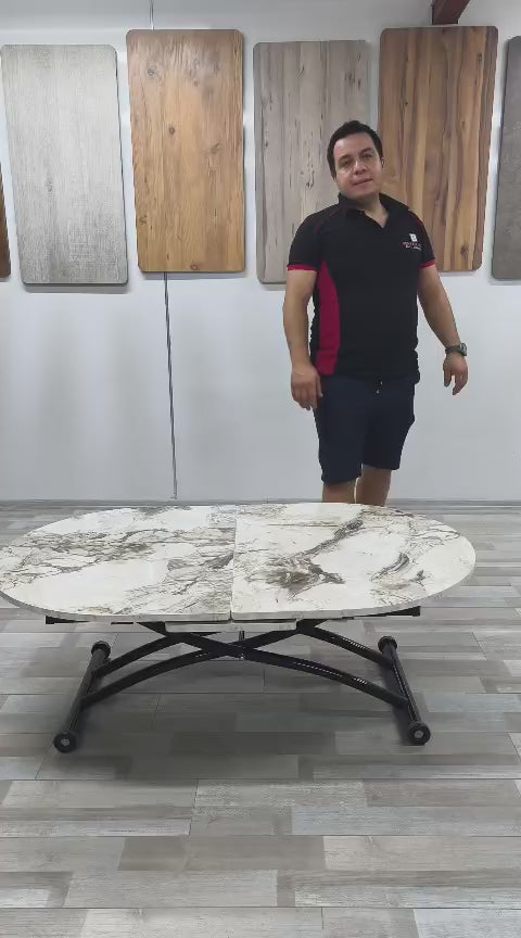Load video: Center Opening Oval Smart Table | White Marble MDF &amp; Black
