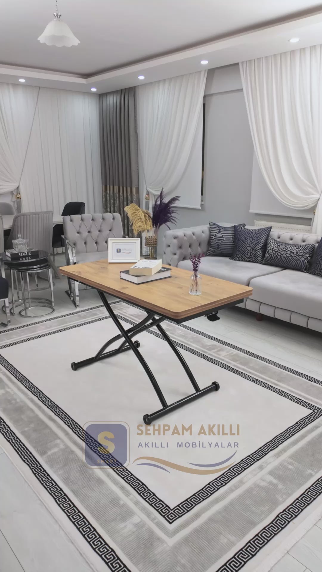 Load video: Juppo Smart Coffee Table – EfesCam MDF Top &amp; Black Outward Curved Metal Legs