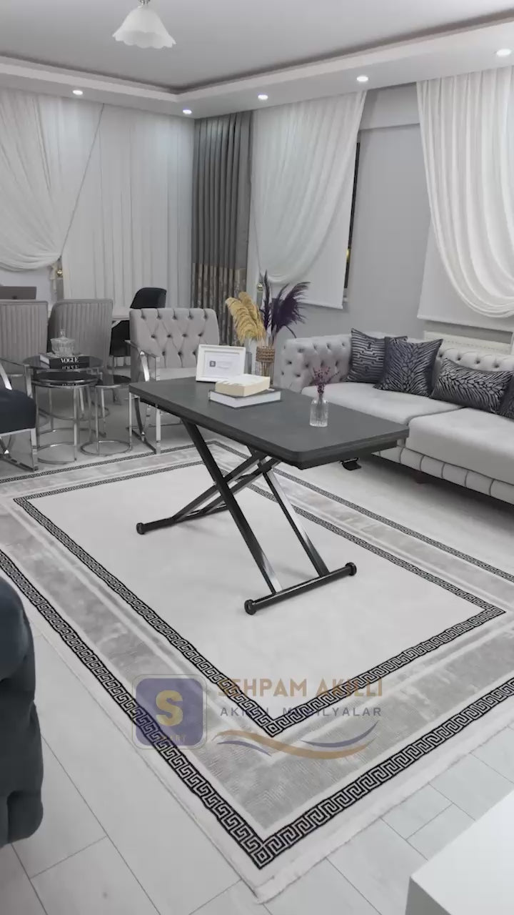 Load video: Home Smart Coffee Table – Grooved Anthracite MDF Top &amp; Black Metal Legs