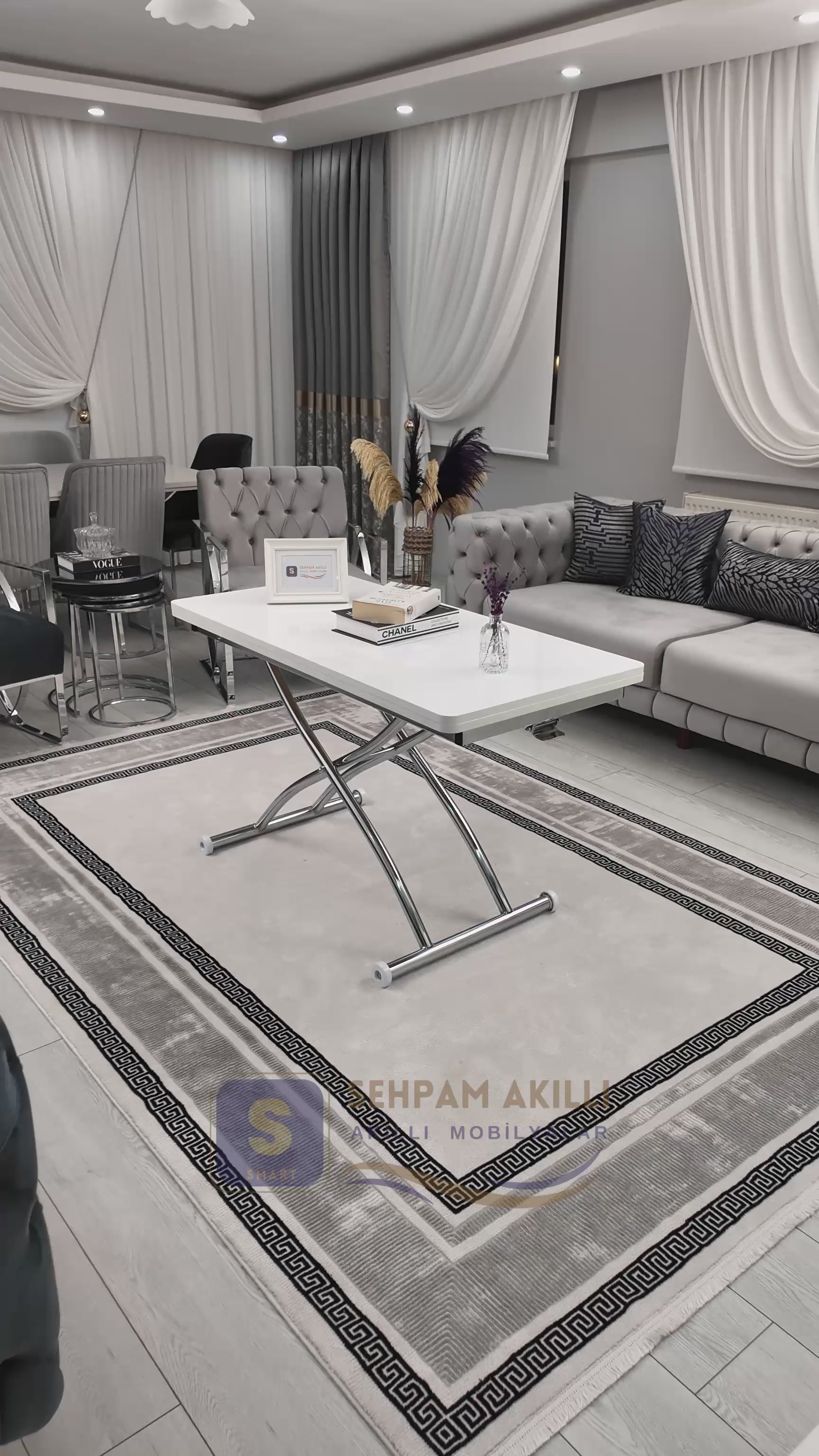 Load video: Juppo Smart Coffee Table – White MDF Top &amp; Chrome Outward Curved Metal Leg