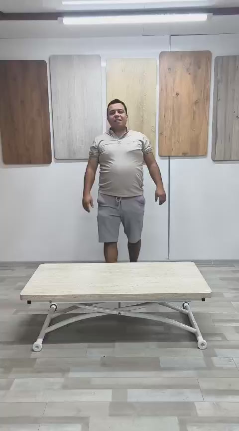 Load video: Juppo Smart Coffee Table – Travertine MDF Top &amp; White Outwardly Curved Metal Legs