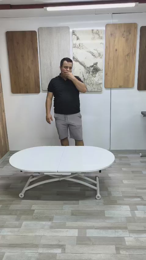 Load video: Extendable Oval Smart Table | White Marble MDF &amp; White