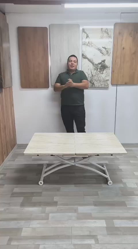 Load video: Expandable Square Smart Table | Travertine MDF &amp; White