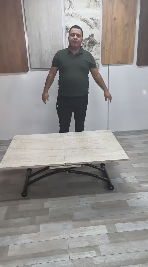 Load video: Extendable Square Smart Table | Travertine MDF &amp; Black