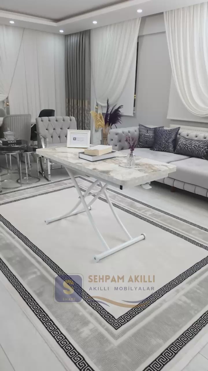 Video yükle: Juppo Akıllı Sehpa – Beyaz Mermer MDF Üst &amp; Beyaz Metal Ayak
