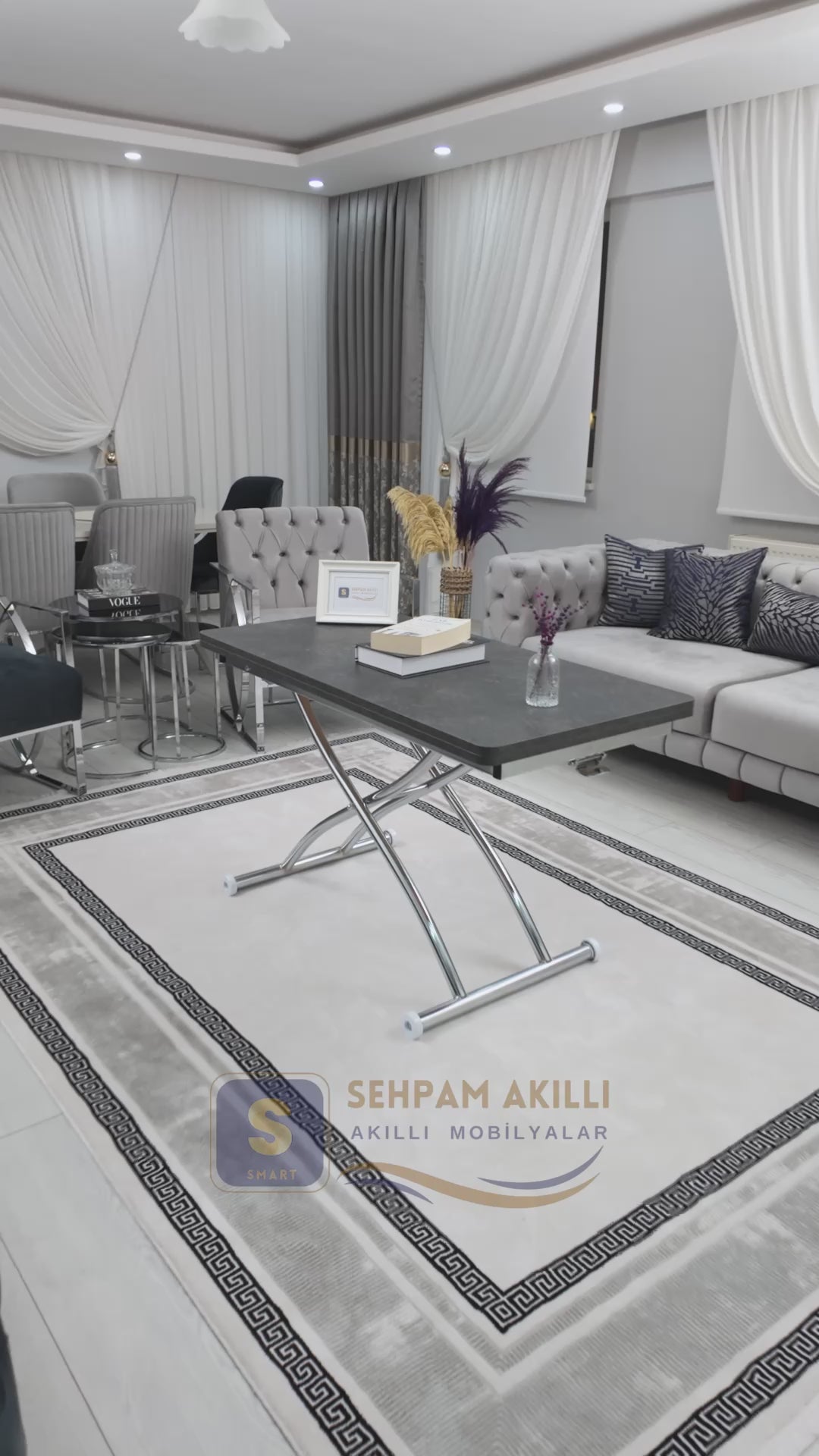 Load video: Juppo Smart Coffee Table – Milled Anthracite MDF Top &amp; Chrome Outward Curved Metal Leg