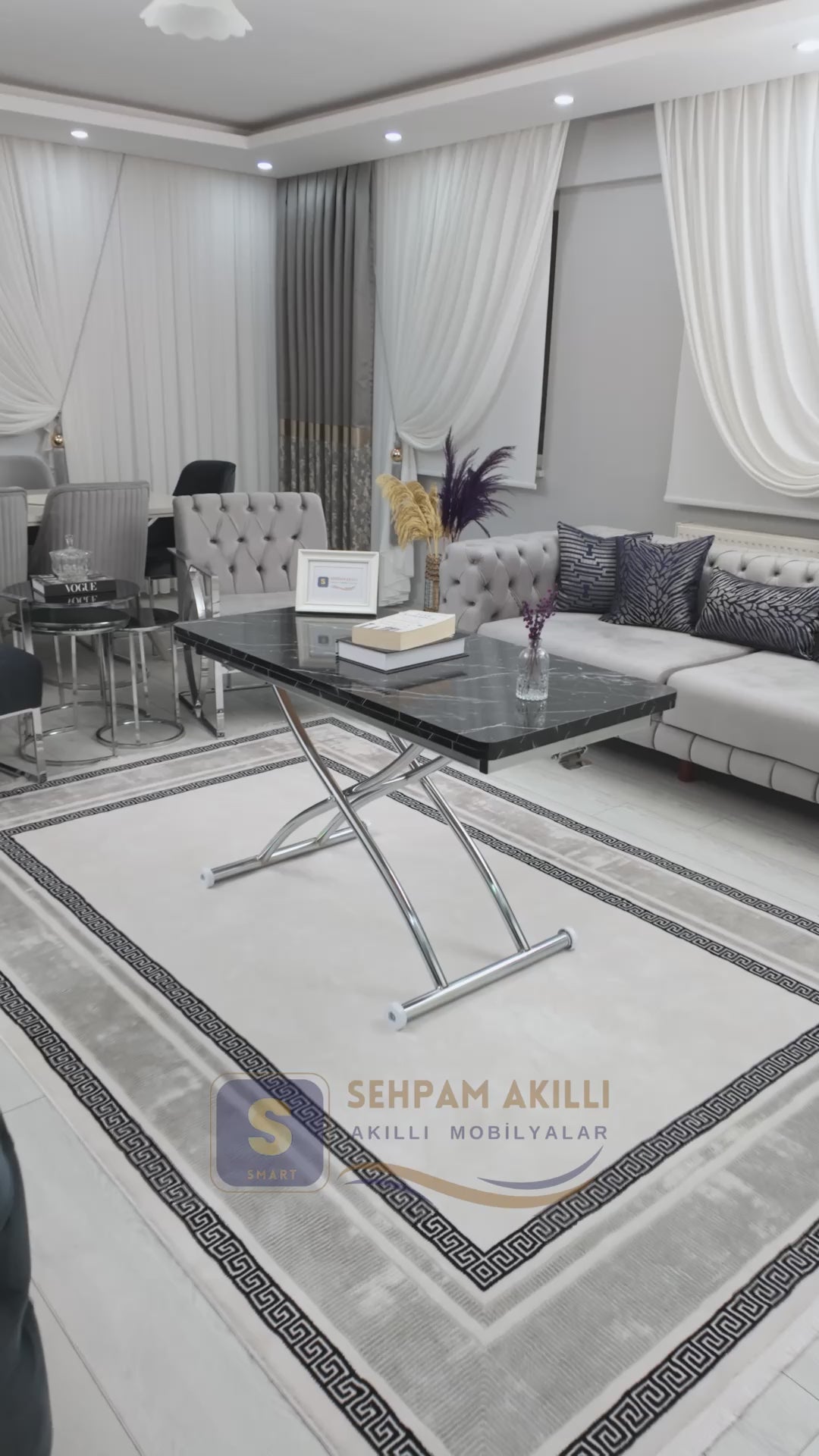 Load video: Juppo Smart Coffee Table – Black Marble MDF Top &amp; Chrome Outward Curved Metal Leg