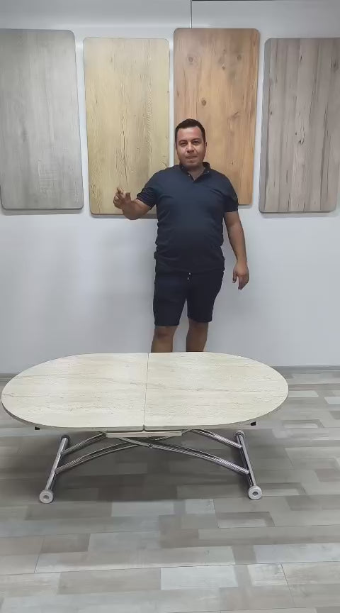 Video yükle: Oval Ortadan Açılır Akıllı Masa | Traverten MDF &amp; Krom