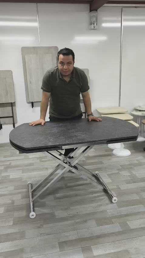 Load video: Oval Side Opening Smart Table | Milled Anthracite &amp; Chrome