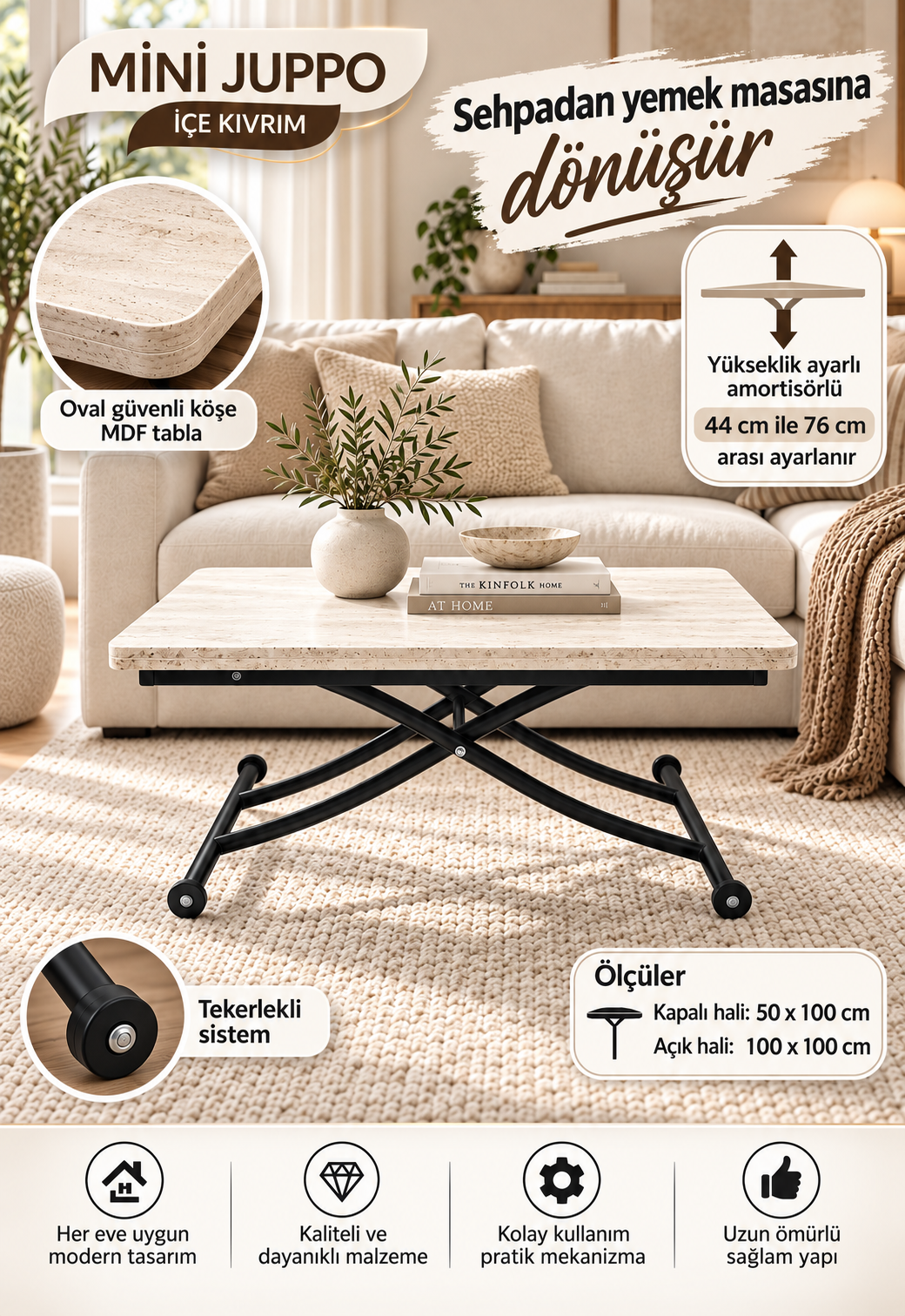 Mini Juppo Akıllı Sehpa – Traverten MDF Üst & Siyah İçe Kıvrım Metal Ayak